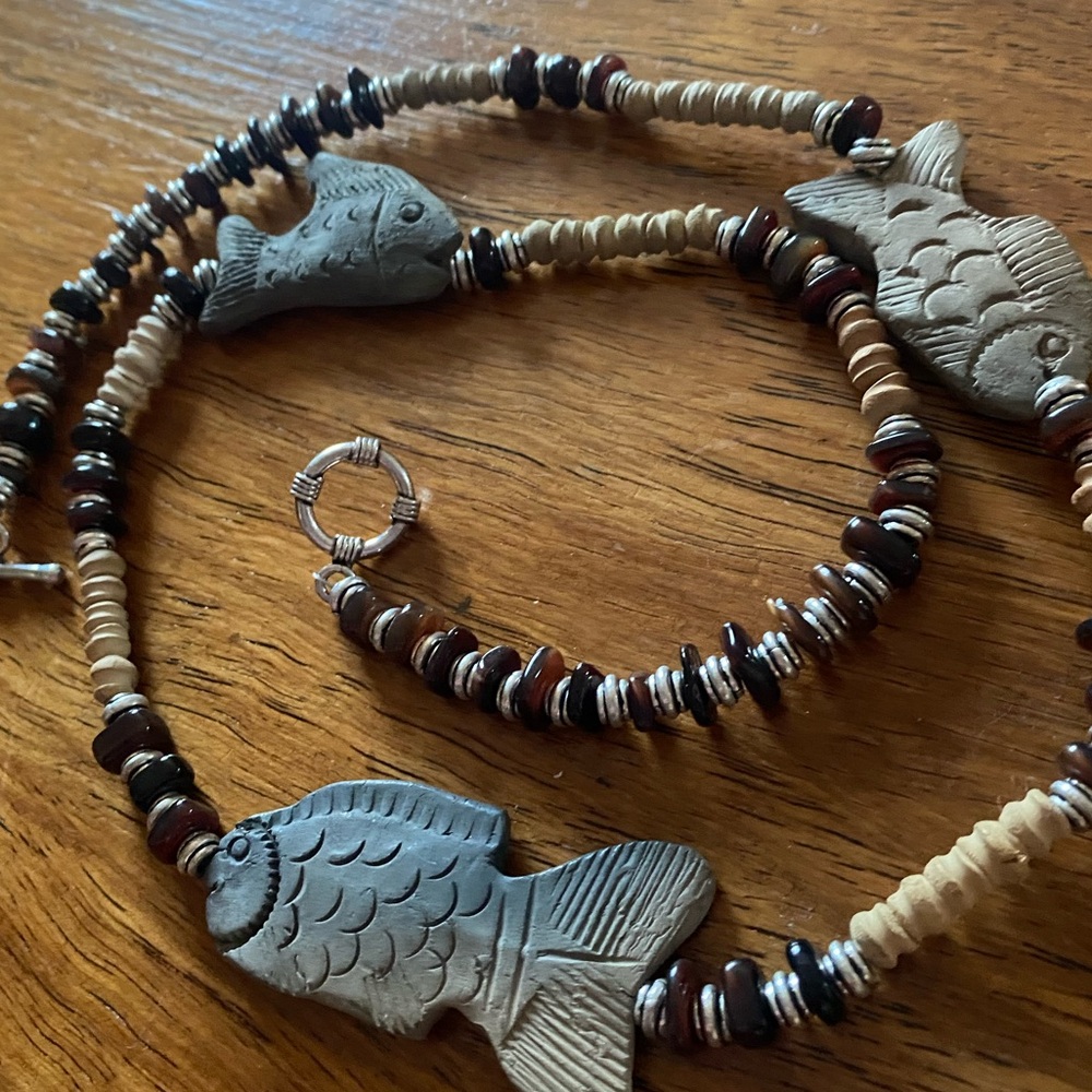 Rustic beaded lucky fish necklace